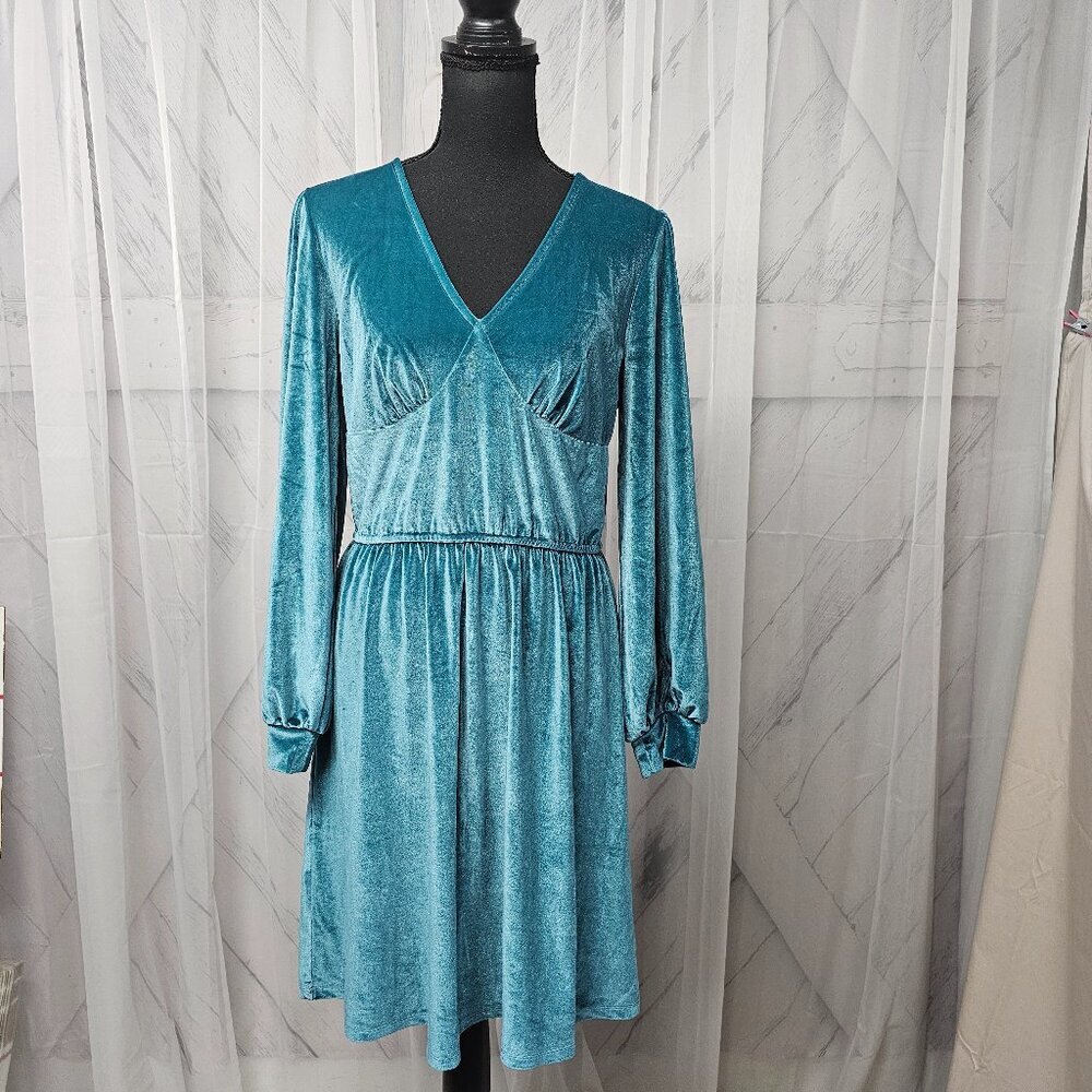 🌹Candace Cameron Bure Turquoise Blue Velour Boho Knee Length Dress Size S